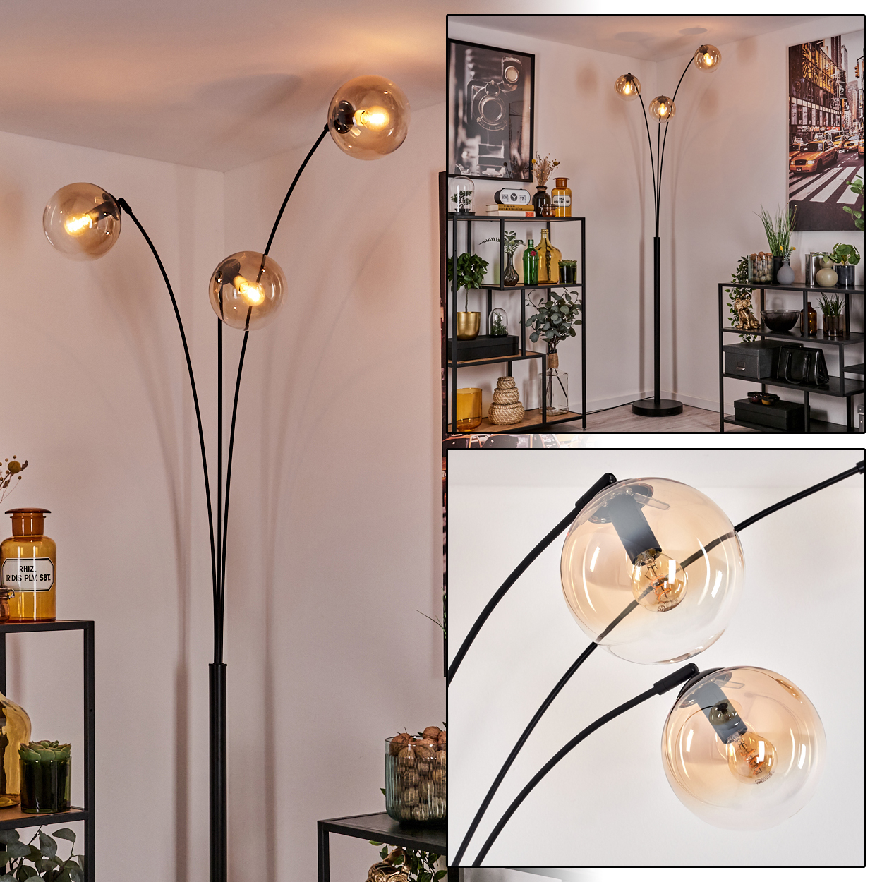 Eine stilvolle Stehlampe mit geschwungenen Armen und Glaskugeln. Die Glühbirnen leuchten.