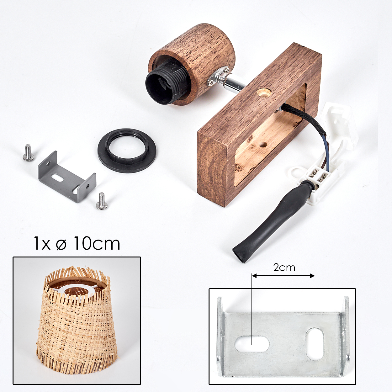 Komponenten einer Wandlampe aus Holz und eines gewebten Lampenschirms, mit Diagrammen.