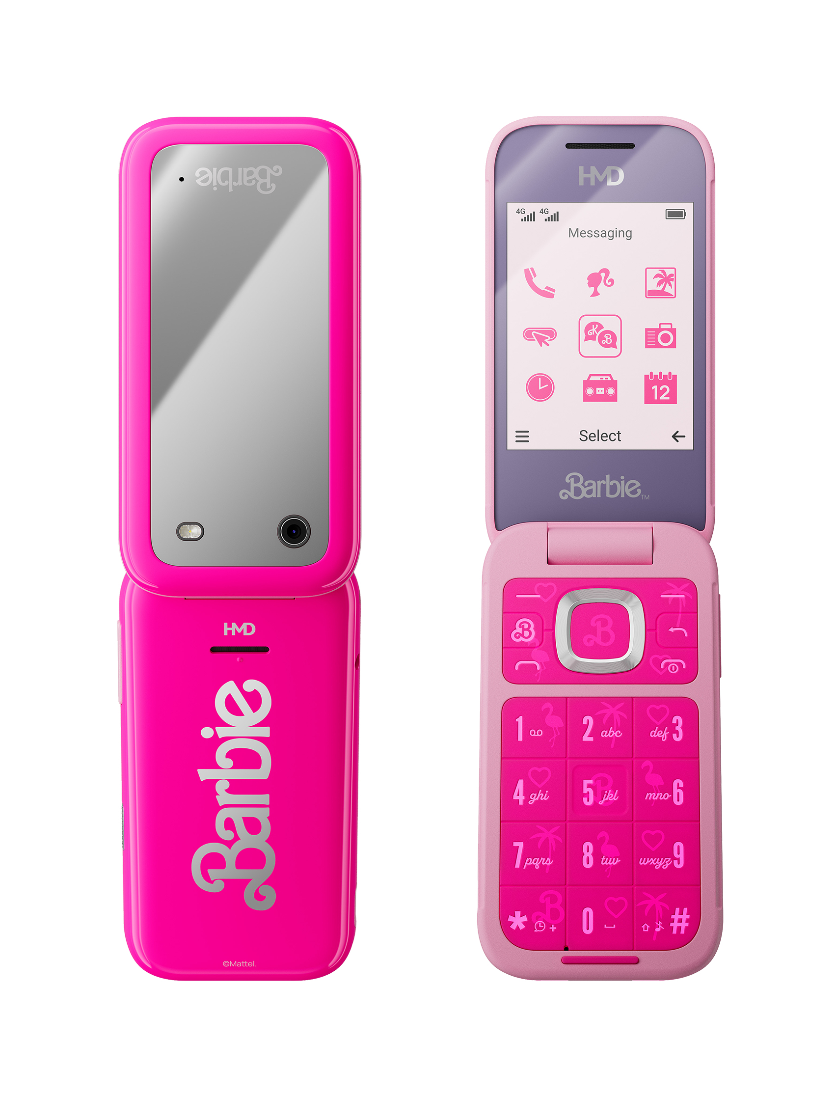 Różowy telefon z klapką Barbie z otwartym ekranem, pokazujący ikony.