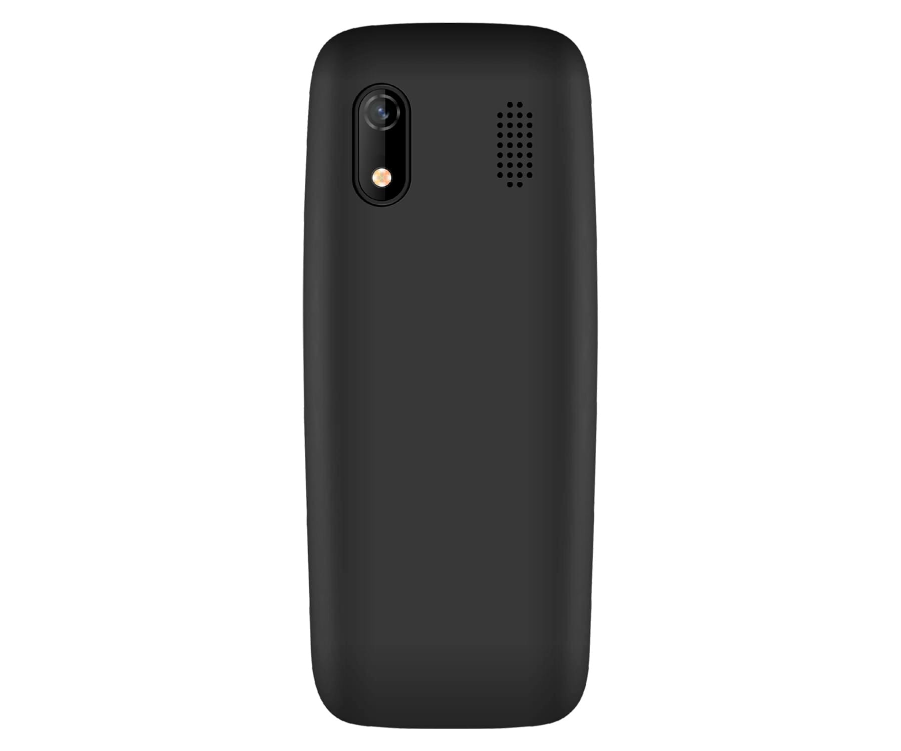 Czarny tył telefonu komórkowego z obiektywem aparatu, lampą błyskową i otworami głośnika. Na białym tle.