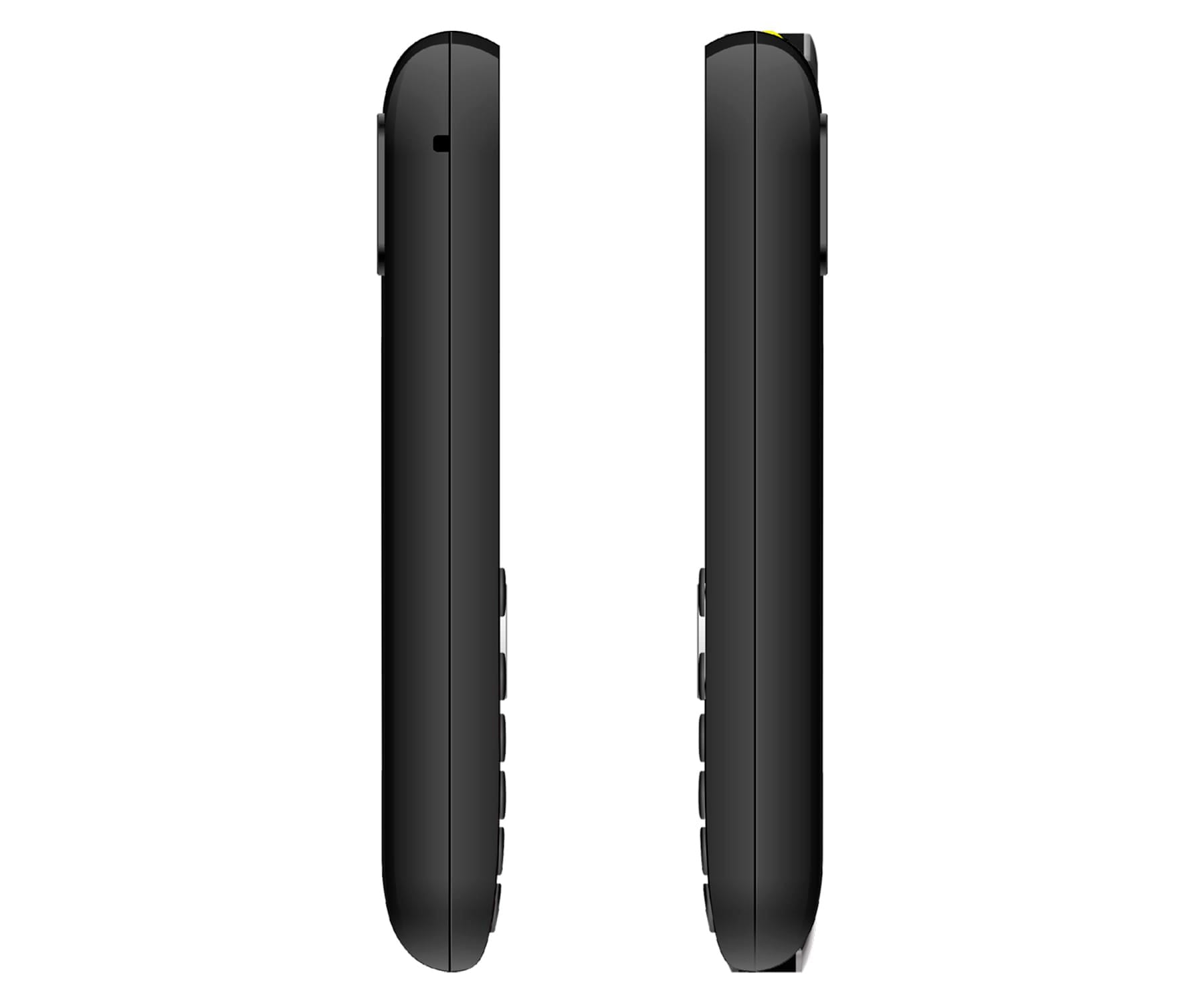 Dwa boczne widoki czarnego telefonu, pokazujące grubość i przyciski, wyizolowane.