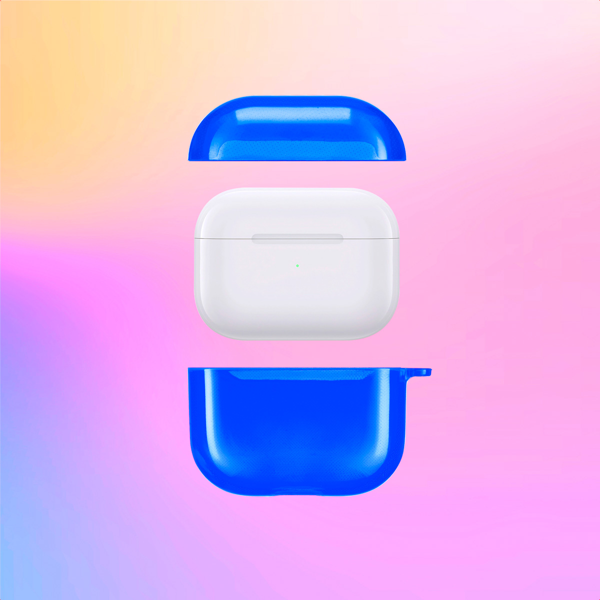 AirPods case in blue, disassembled, with white AirPods in the middle. Gradient background.