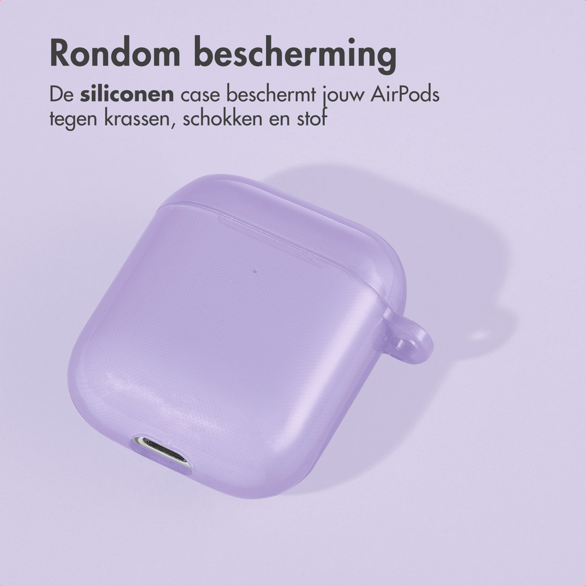 Purple AirPods case, with text about protection. Yellow background. The case is closed.