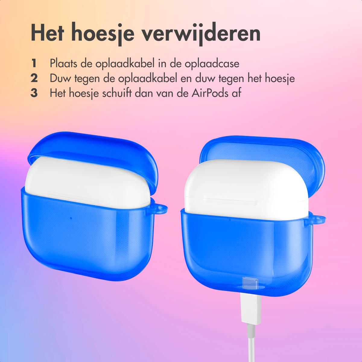 Two blue AirPods cases, one with AirPods inside. White USB cable. Instruction on a colorful background.