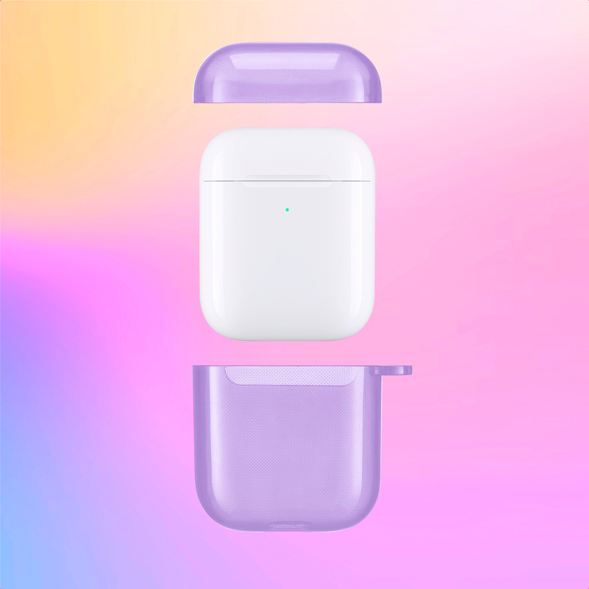 White AirPod case with purple lid and base, on a colorful background.