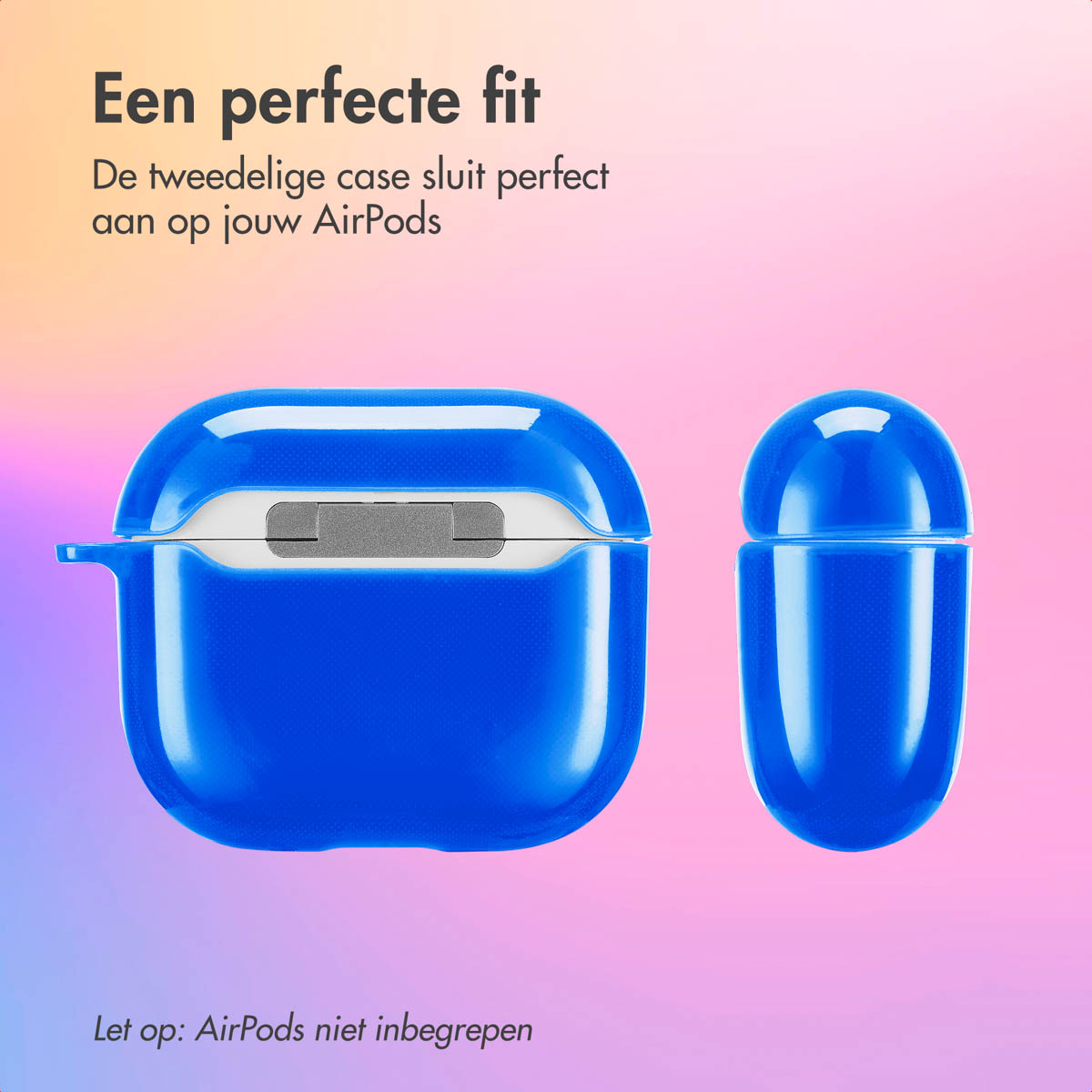 Blue AirPods case open and closed on a gradient background. The text says 'perfect fit'.