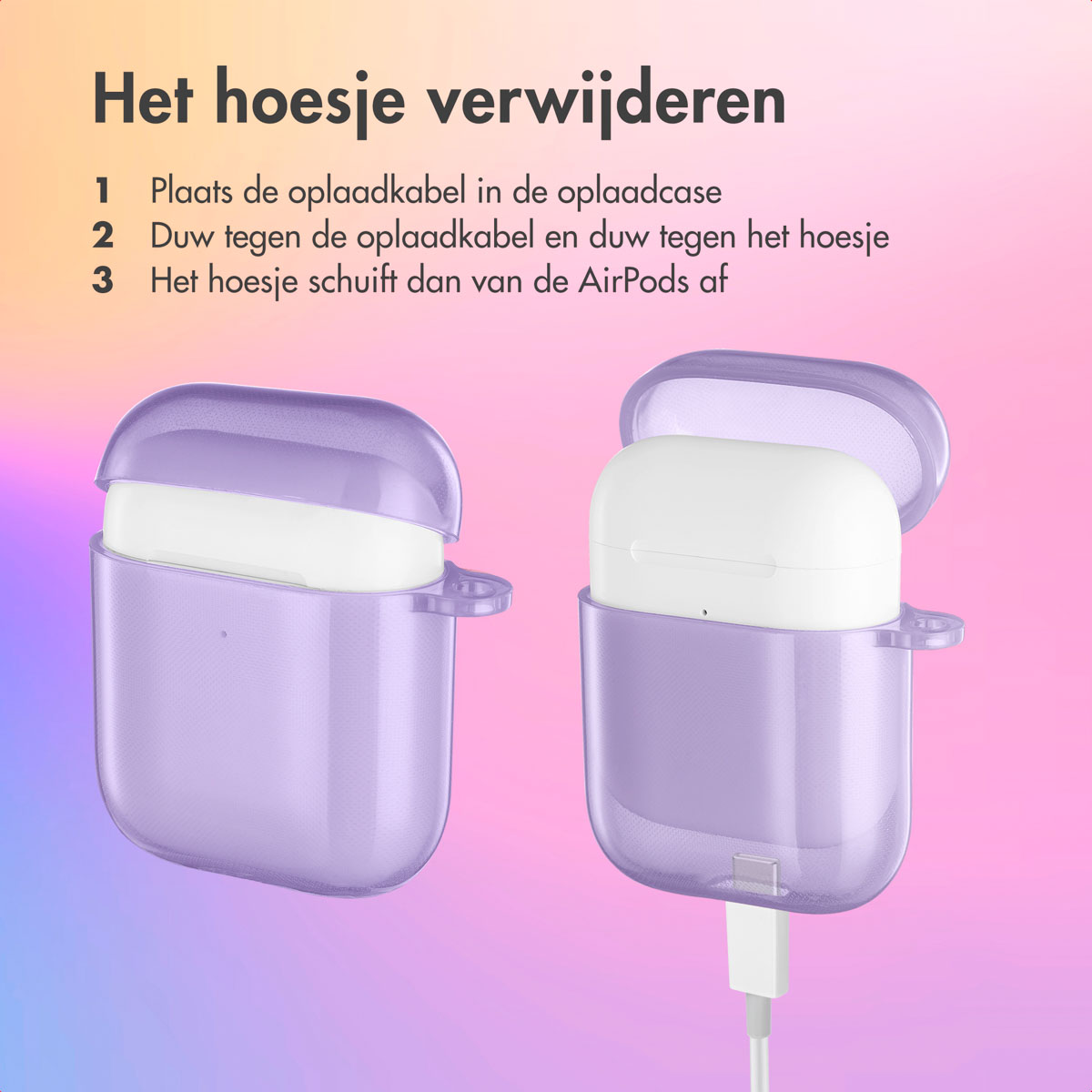 Two purple AirPod cases, one open, with text instructions in Dutch.