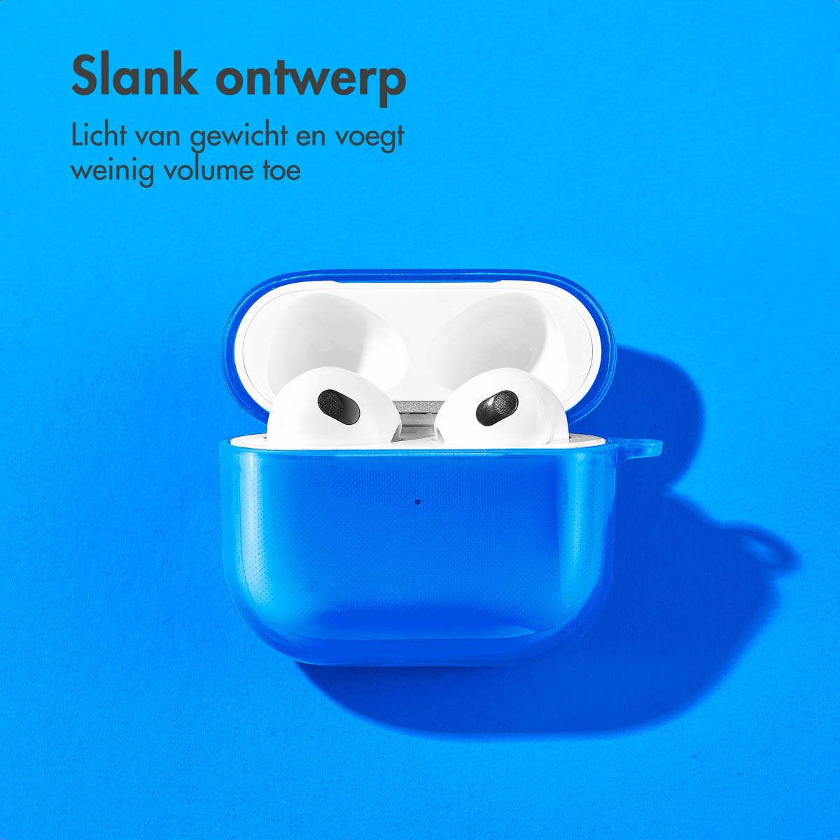 Blue AirPod case with white AirPods inside, on a blue background, with text.