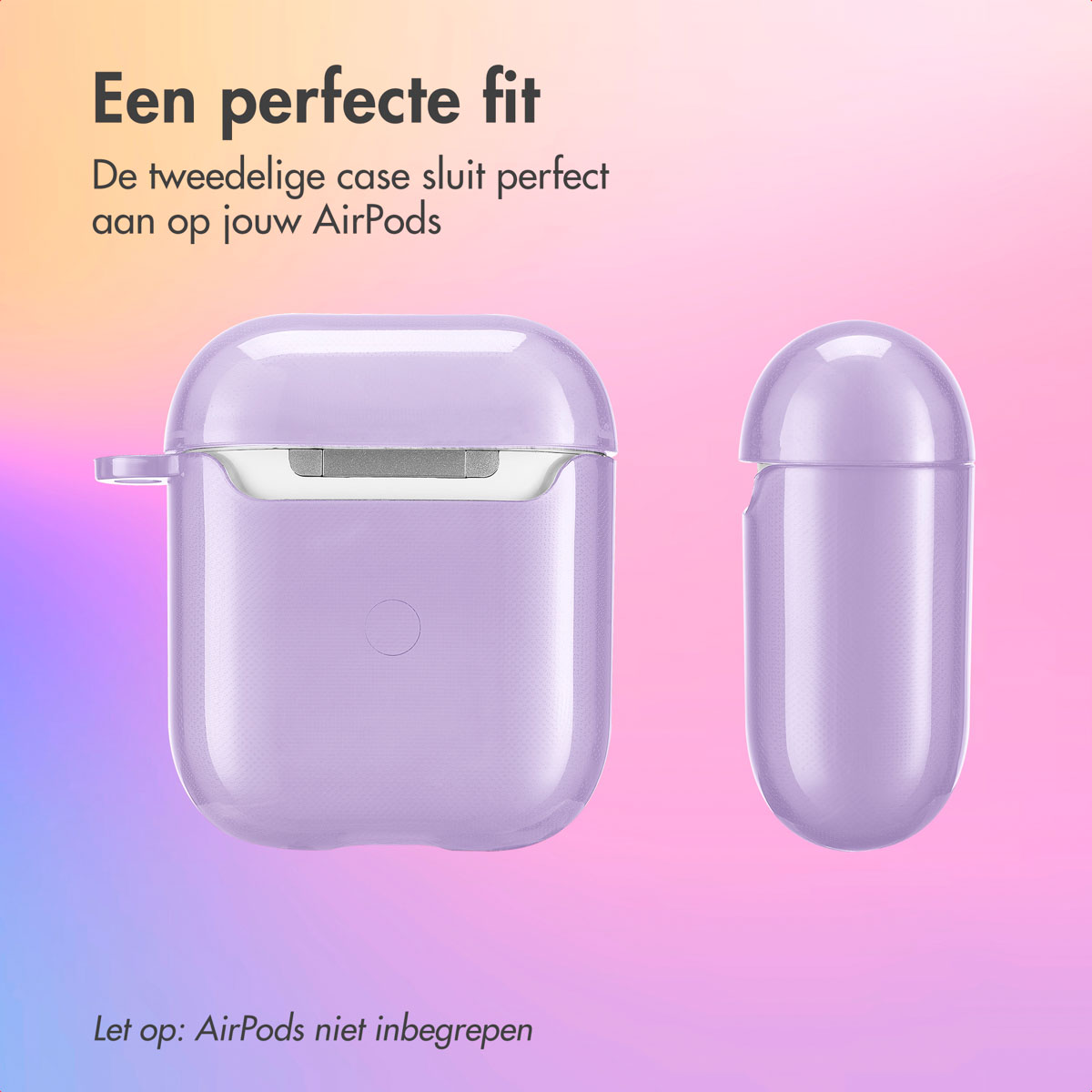 Two purple AirPod cases, one open, with text in Dutch. 