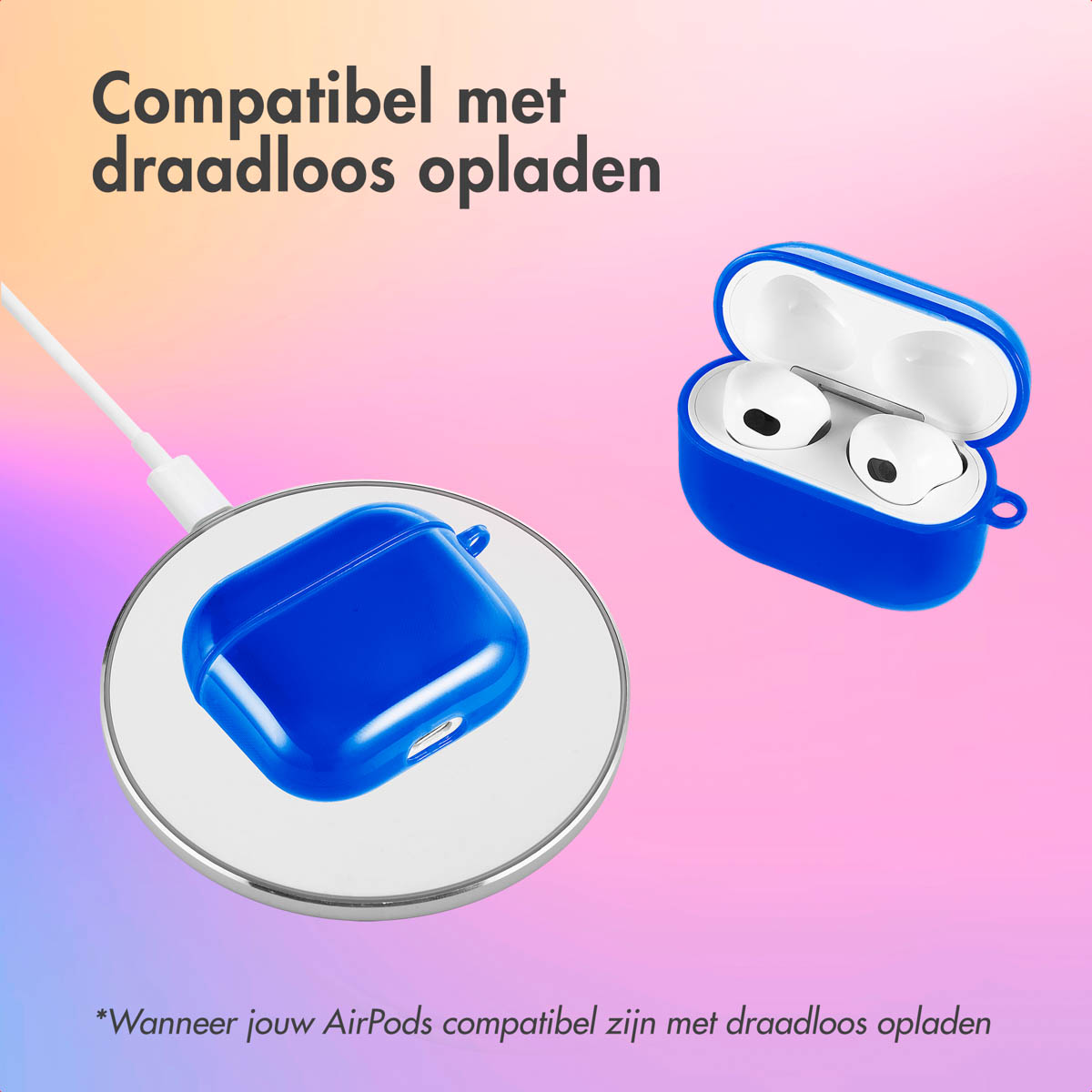 Blue AirPod case and AirPods on a wireless charging pad, with text.