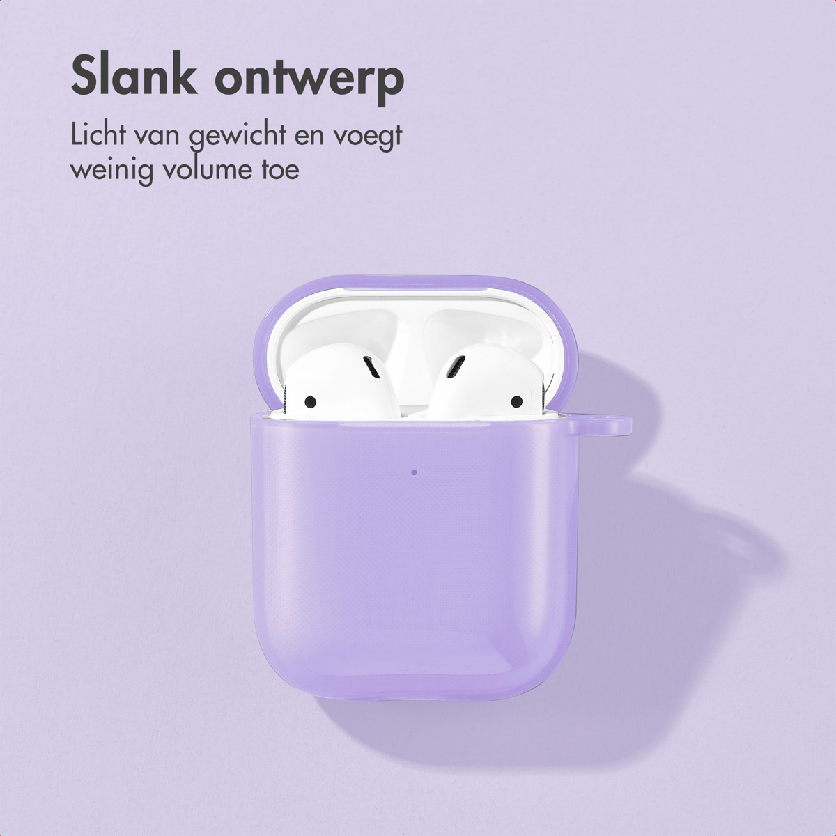 Purple AirPod case with AirPods inside, on a purple background, with text.