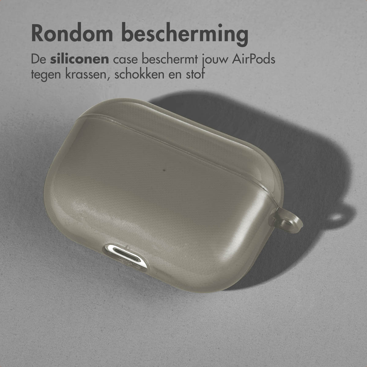Gray case on a gray background. The case is slightly tilted.