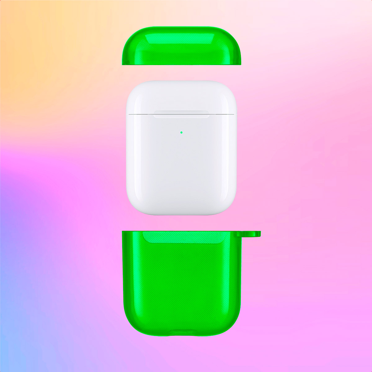White AirPods case with detached green top and bottom covers, on a colorful gradient background.