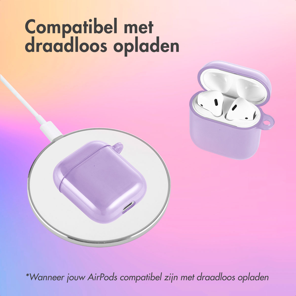 Purple AirPods case on a wireless charger, with text and a white cable on a colorful background.