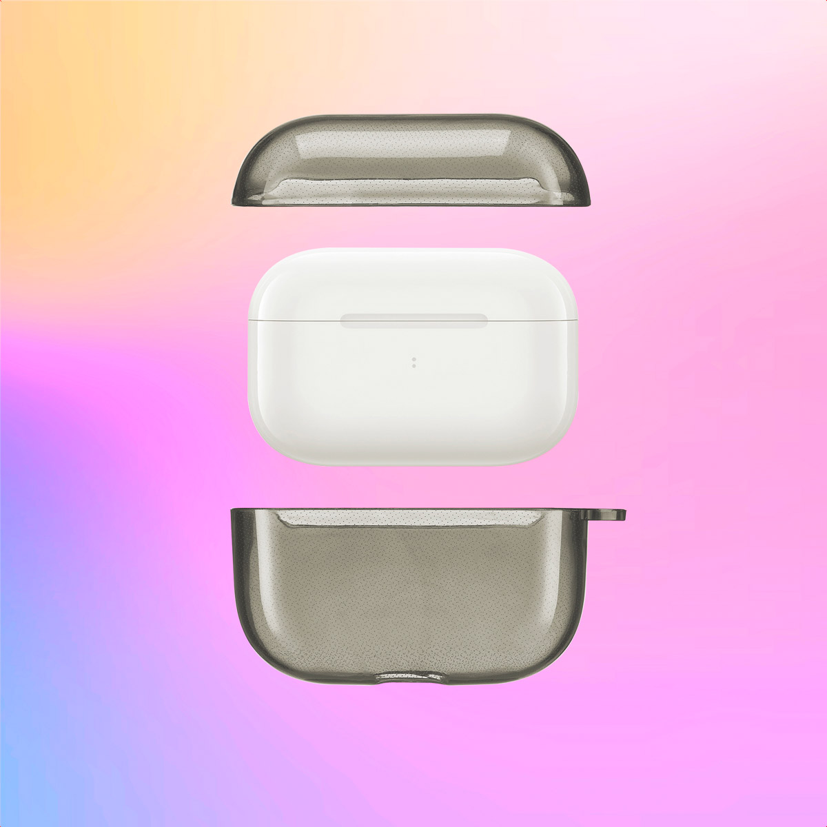White AirPods Pro case with detached gray top and bottom covers, on a colorful gradient background.