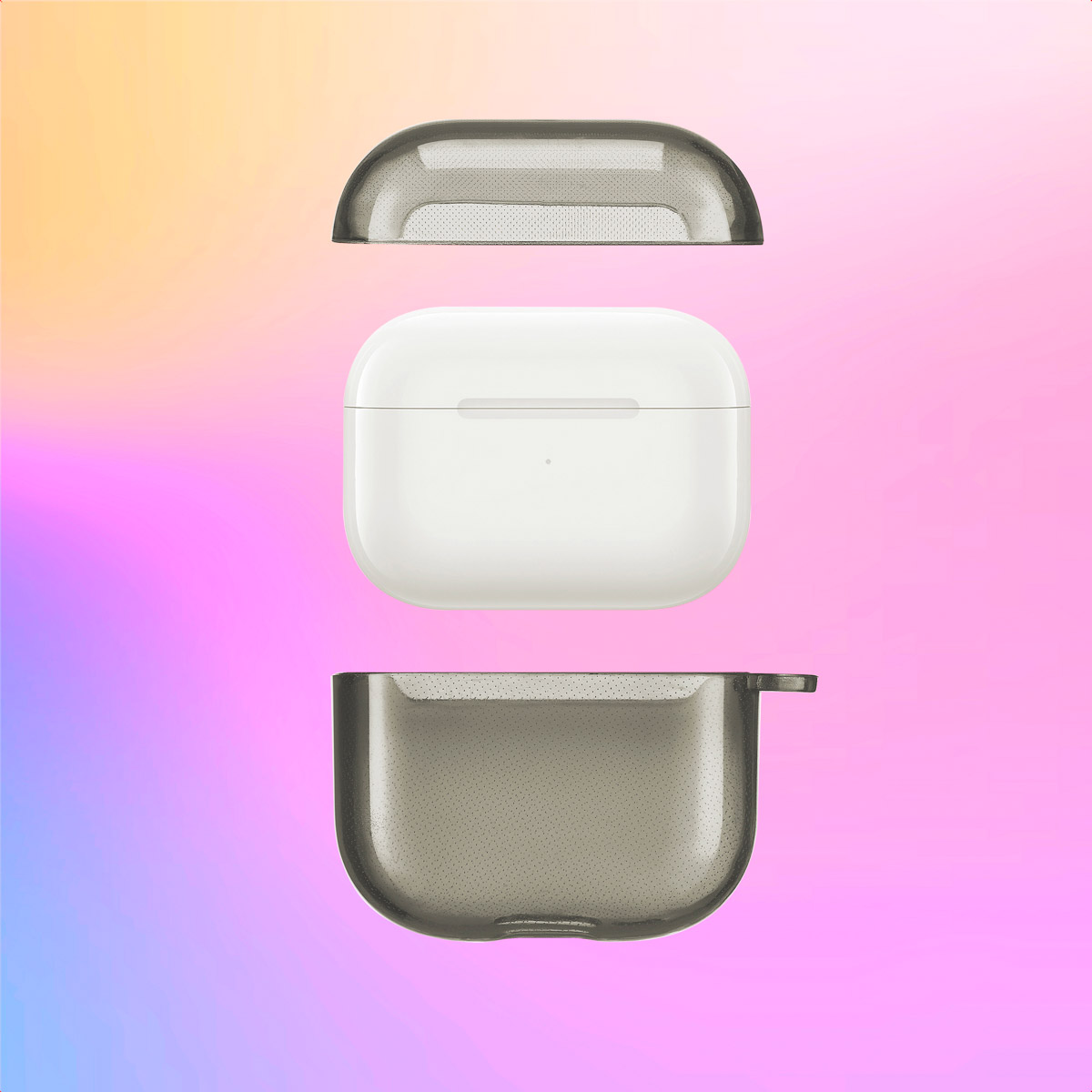 White AirPods Pro case with detached gray covers, featuring a dotted texture, on a colorful gradient background.
