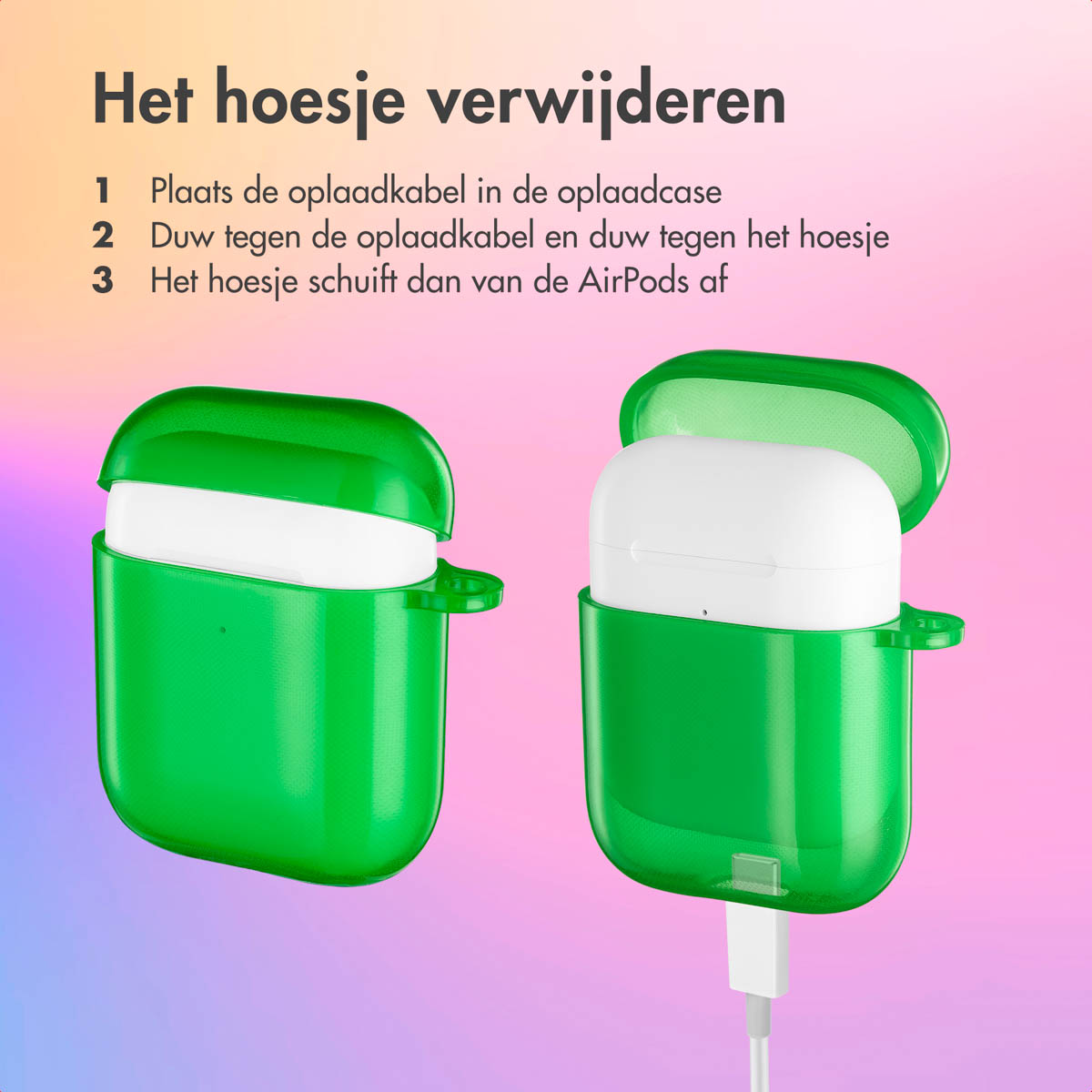 Two AirPods Pro cases, one open with AirPods, connected to a charging cable. Green case on the left.