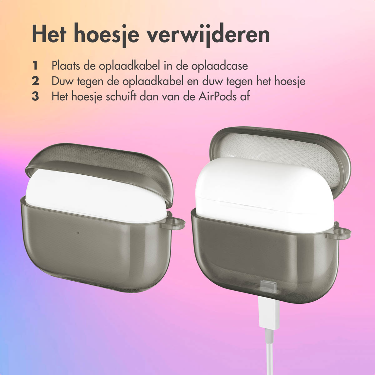 Two AirPods Pro cases, one open with AirPods, connected to a charging cable. Gray case on the right.