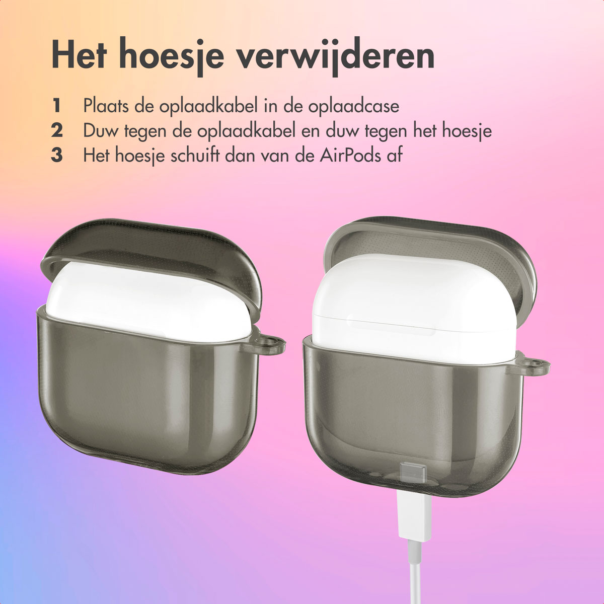 Two AirPods Pro cases, one open with AirPods, connected to a charging cable. Text on the background.