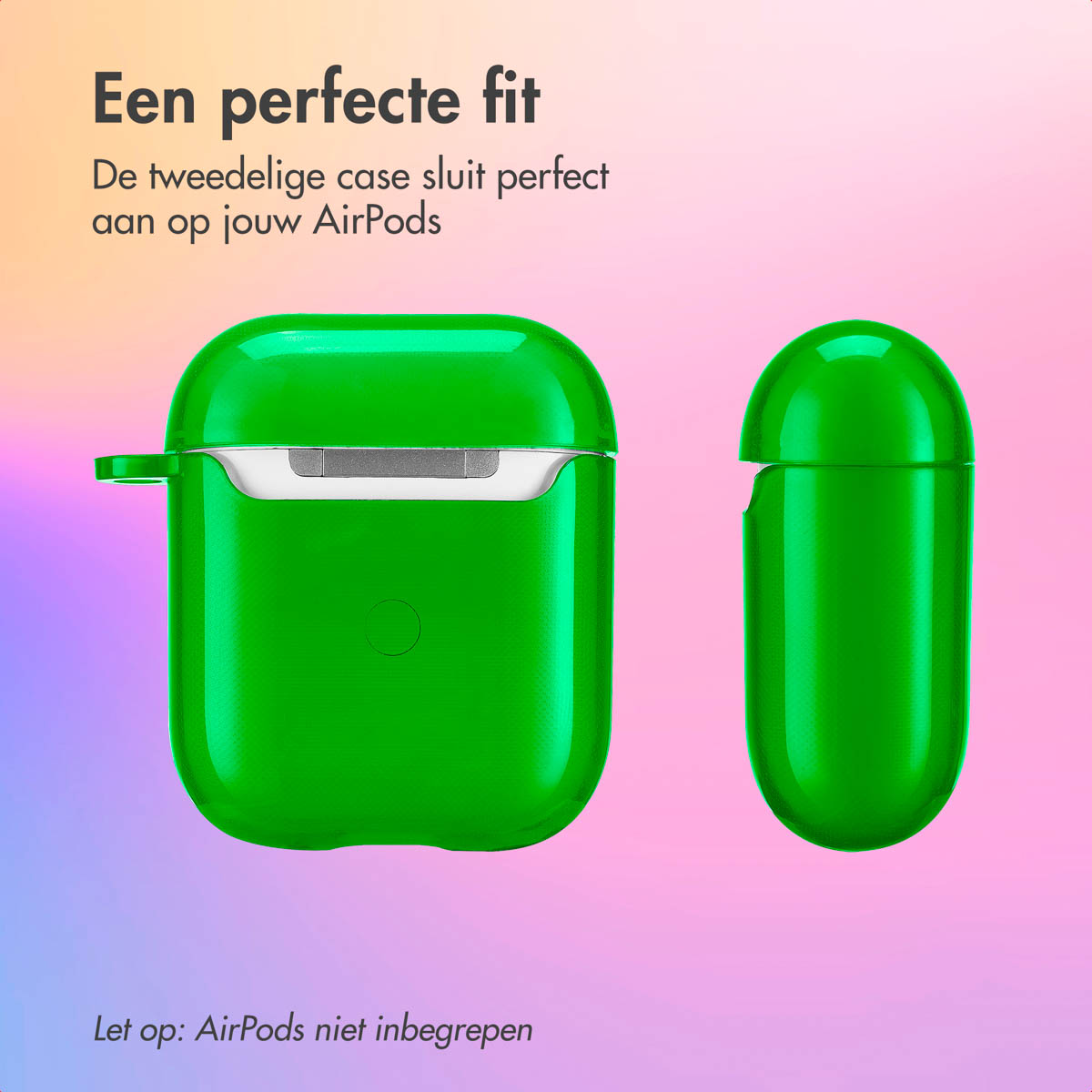 Green AirPods case and top, on a colorful gradient background. Text at the bottom.