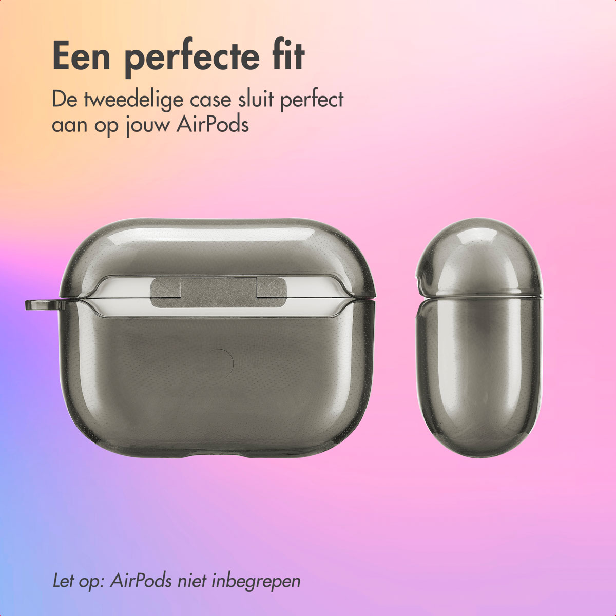 Two gray AirPods Pro cases, one open, on a colorful gradient background. Text at the bottom.