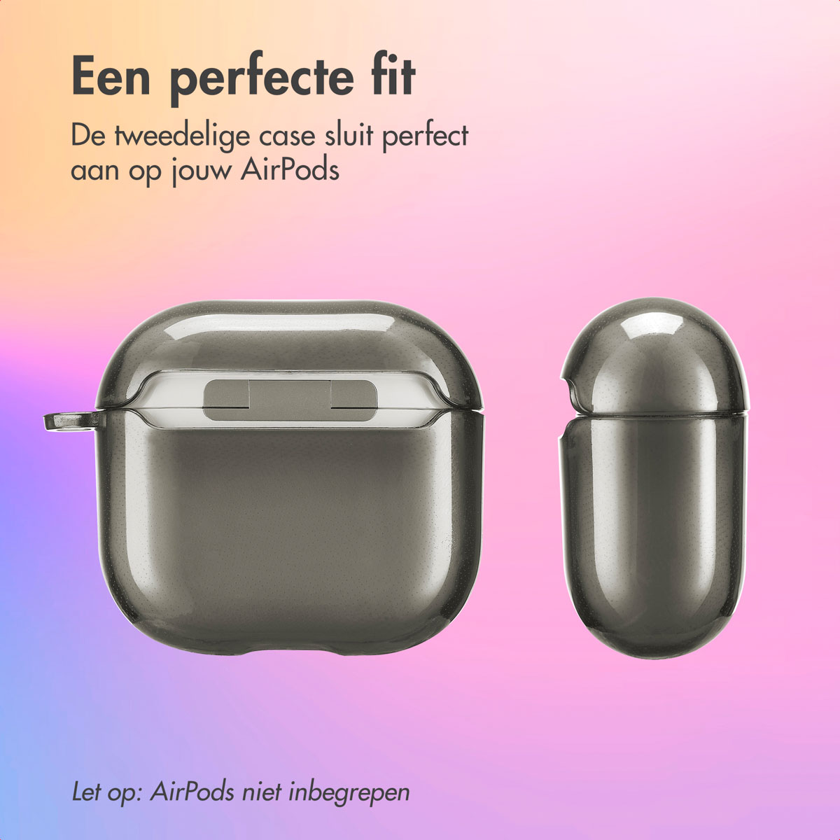 Two gray AirPods cases, one open, on a colorful background.