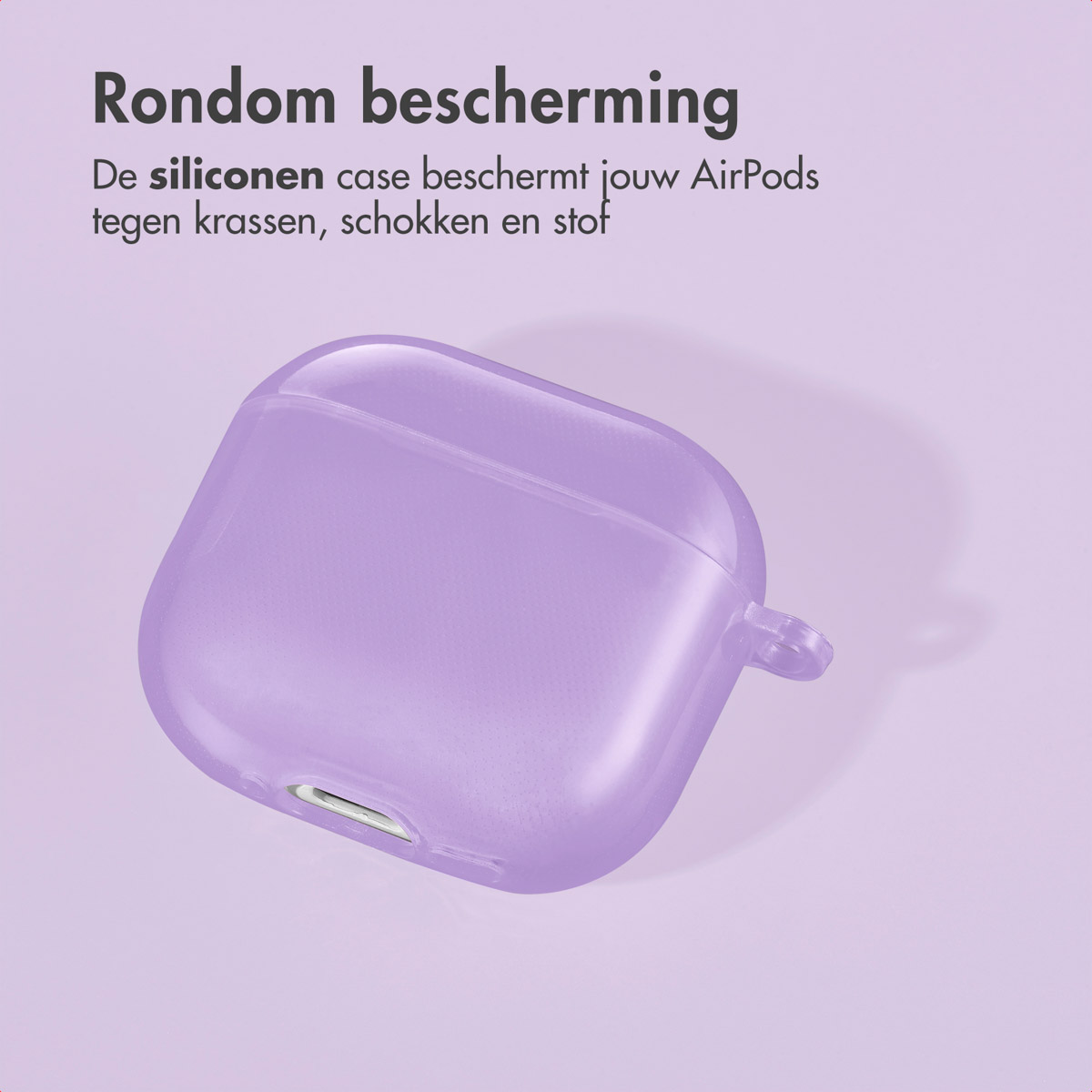 A lilac AirPods case on a lilac background.