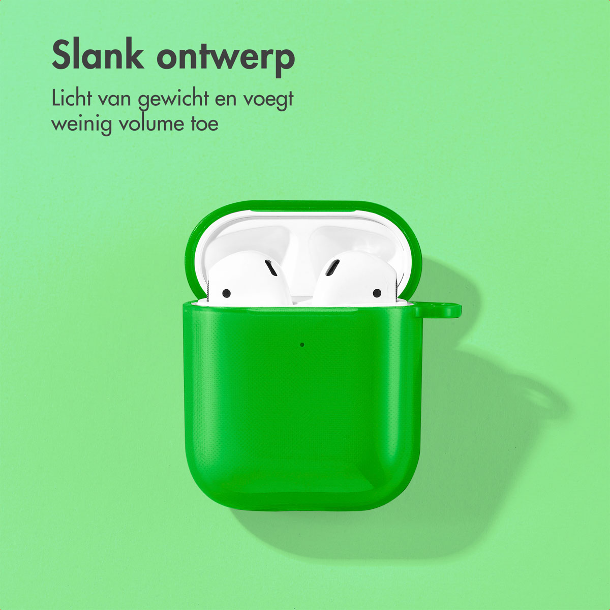 Green AirPods case with white AirPods inside, on green background.