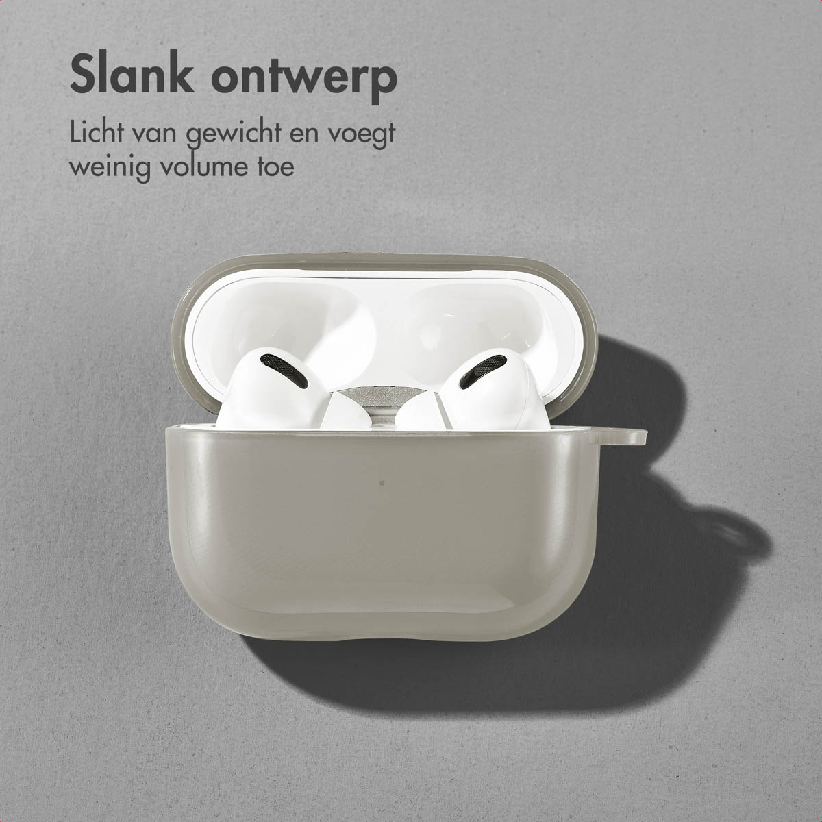 Open gray AirPods case with white AirPods inside, on gray background.