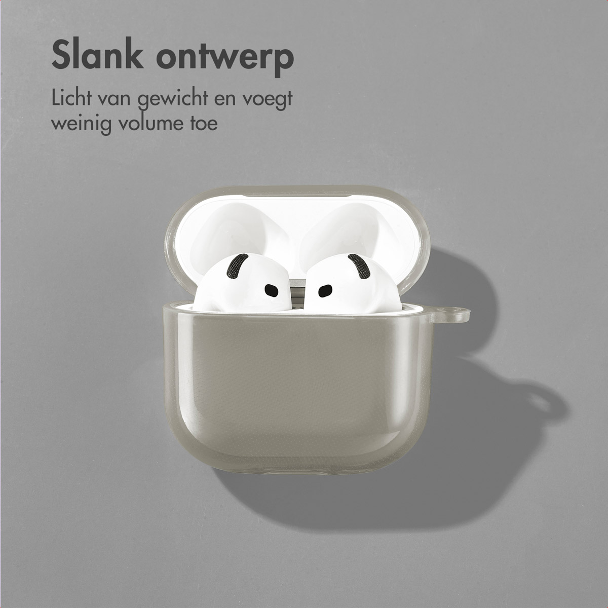 AirPods in a gray case. Text on the left side describes the design as slim and lightweight.