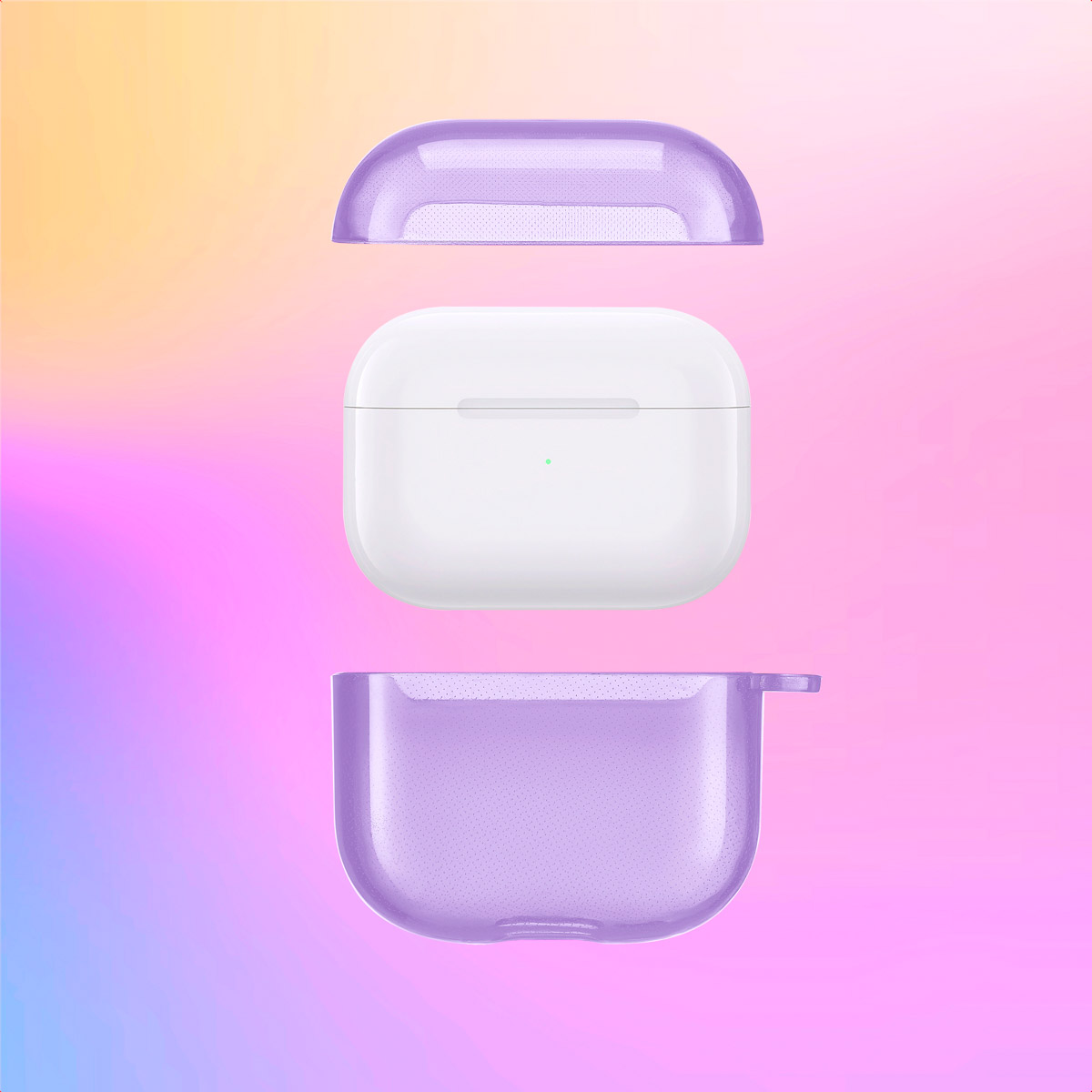 Three-piece purple AirPods case, disassembled. White AirPods inside.