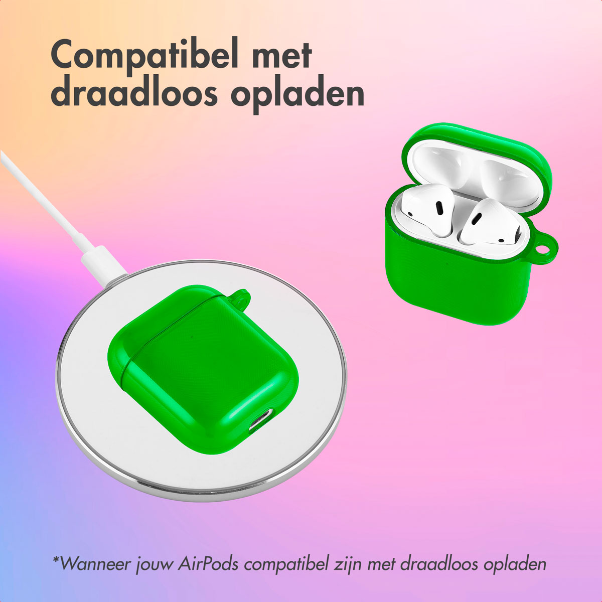 Green AirPods case on charging pad with AirPods inside. White cable.