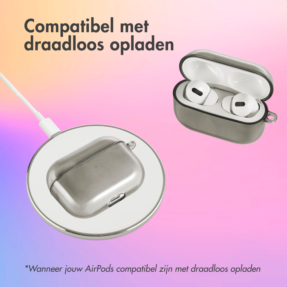 Silver AirPods case on charging pad. White cable. AirPods in the case.