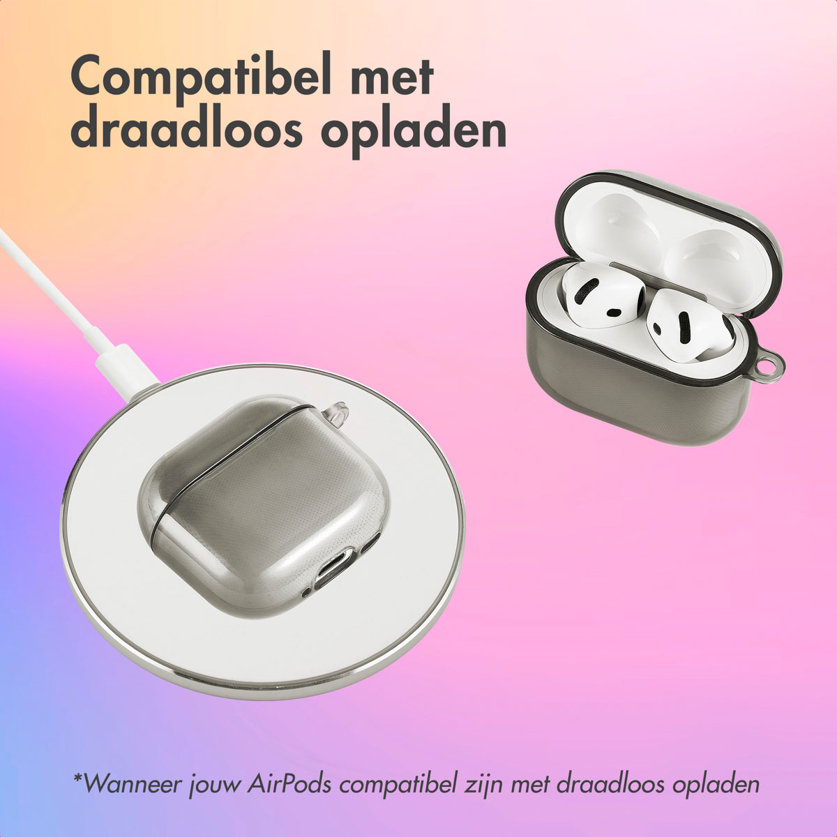 Silver AirPods case on charging pad. White cable. AirPods visible inside.