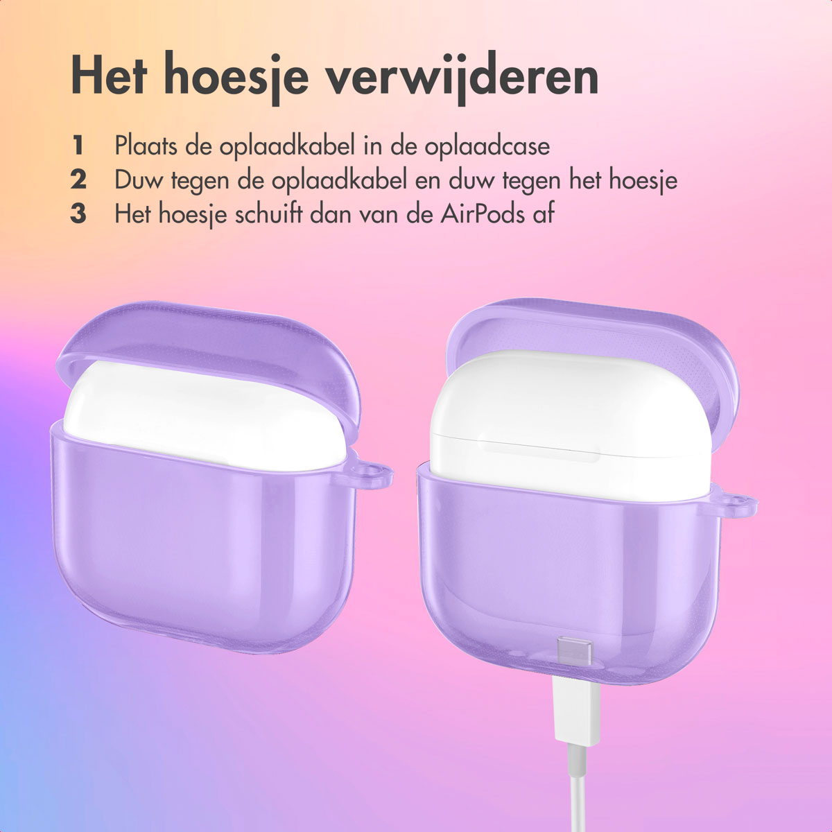 Removing purple AirPods case; white AirPods and charging cable visible.