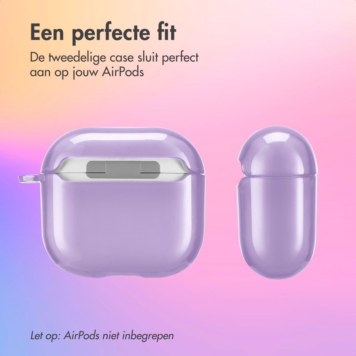 Purple case with a perfect fit. One part open, one closed. Text: 'A perfect fit' and 'AirPods not included'.