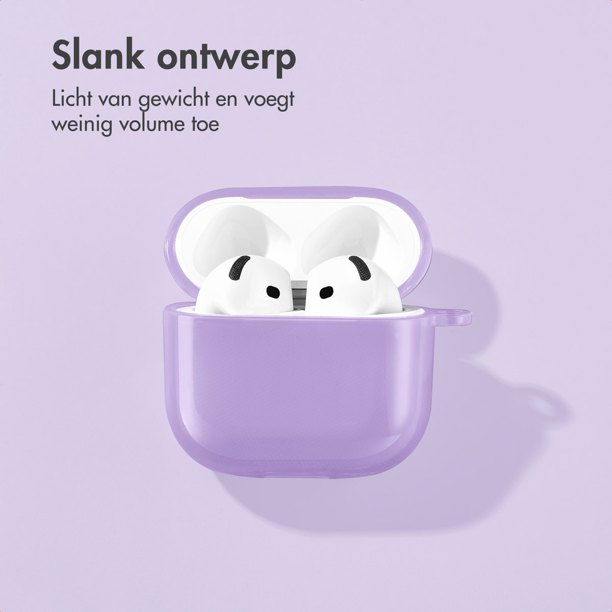AirPods in a purple case. Text on the left side describes the design as slim and lightweight.