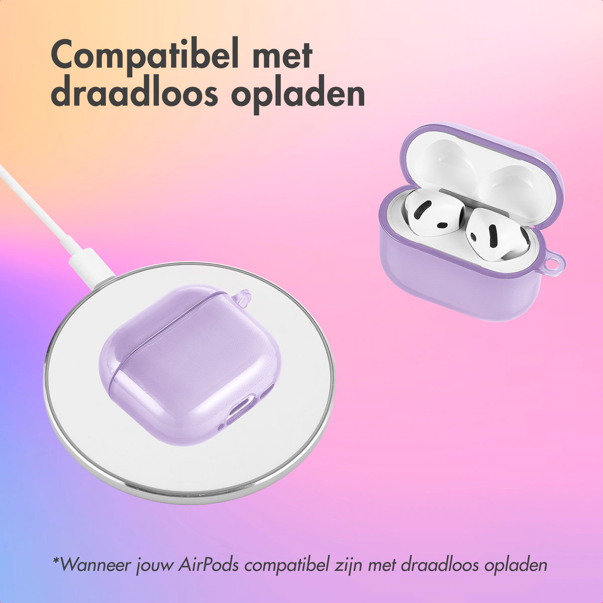 Purple AirPods case and charging pad. Text: Compatible with wireless charging. AirPods in the case.