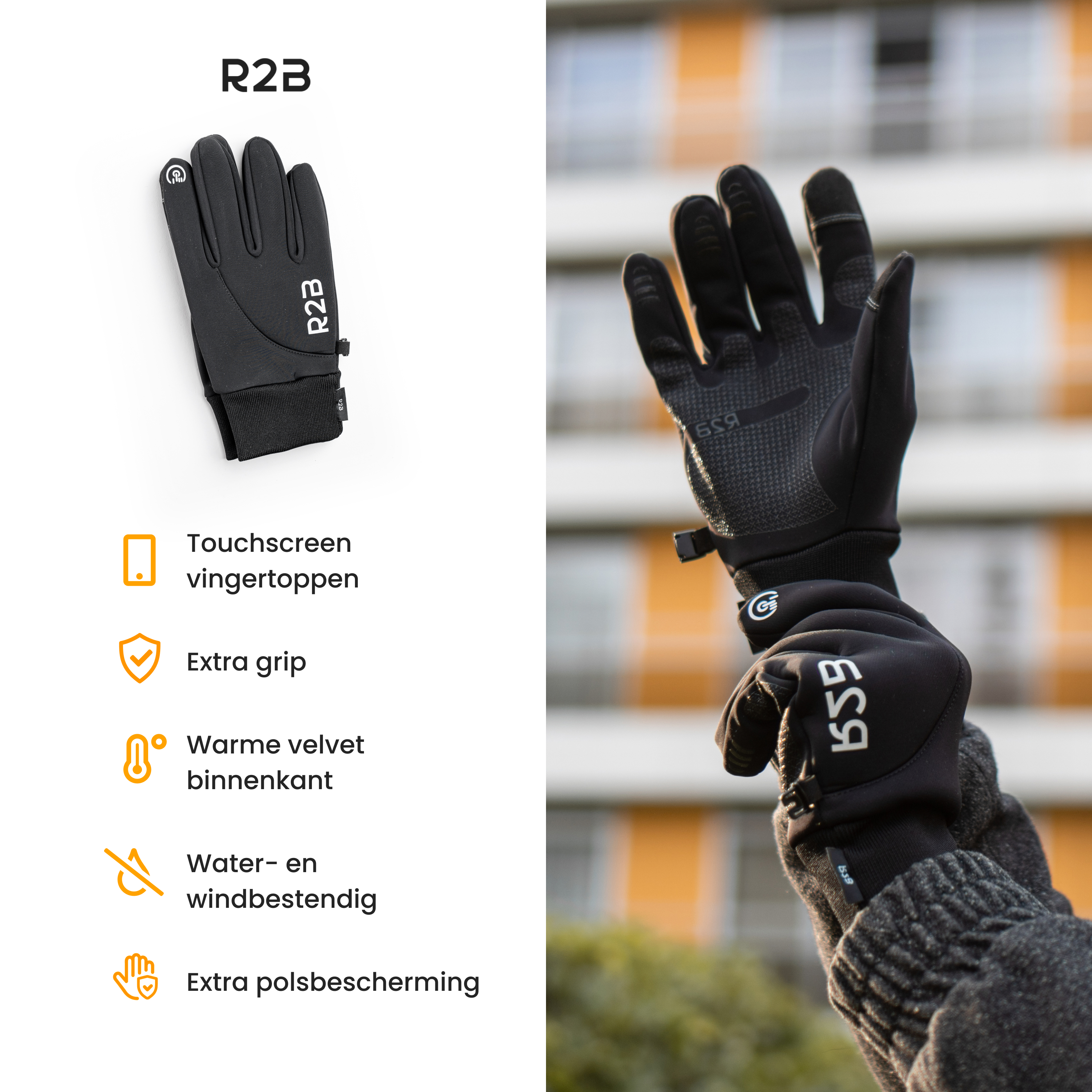Gants noirs avec logo R2B et caractéristiques. Bout des doigts tactiles, prise supplémentaire, doublure chaude, coupe-vent.