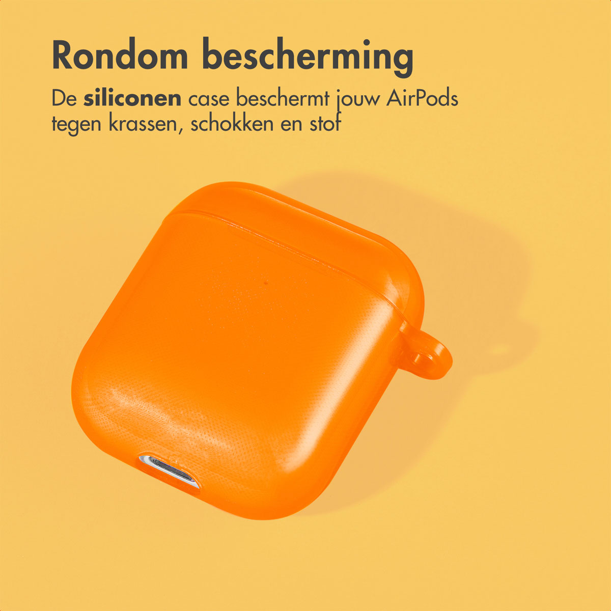 Orange AirPods case. Text: 'All-round protection' and the case protects from scratches, shocks, and dust.