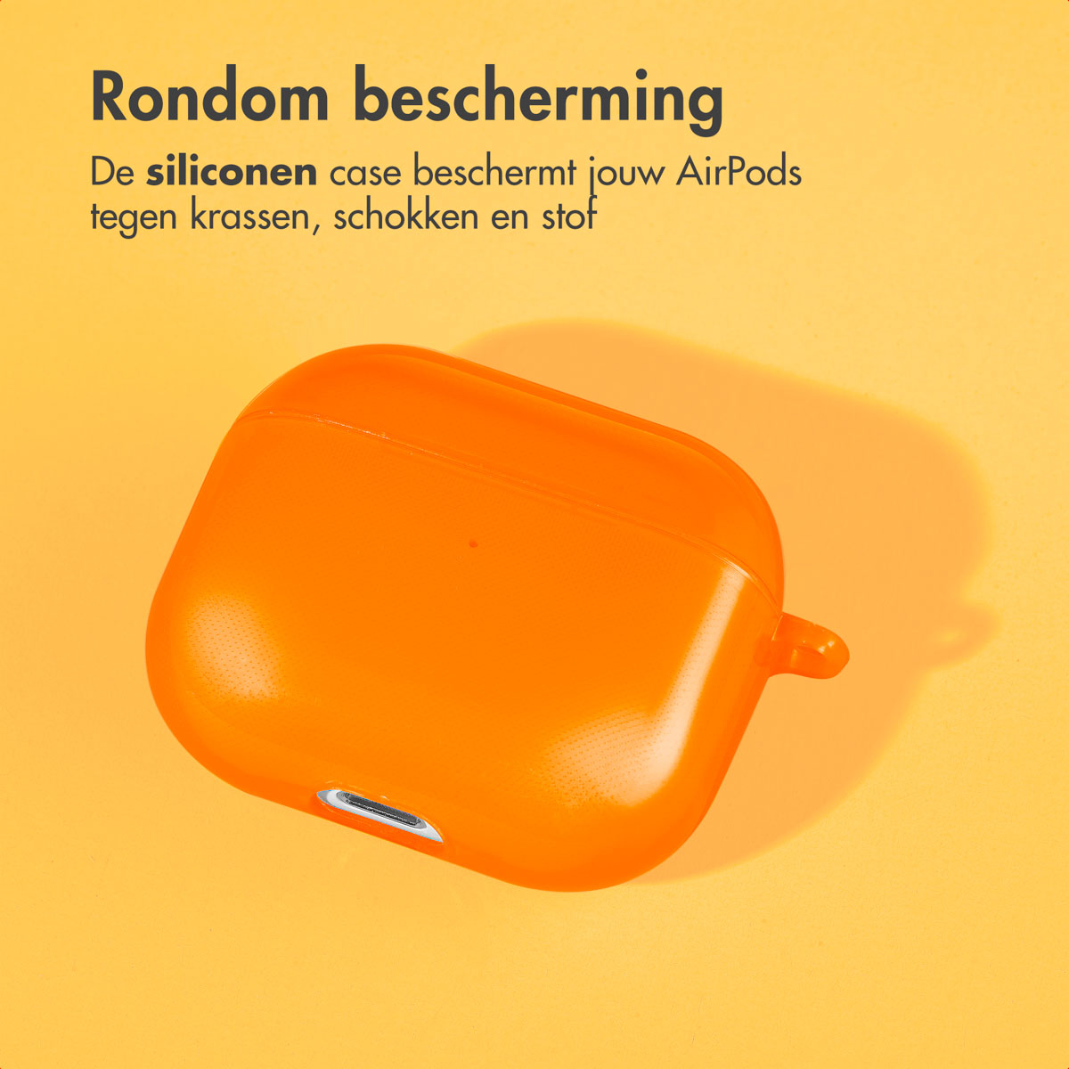 Orange AirPods case. Text: 'All-round protection' and the case protects from scratches, shocks, and dust.