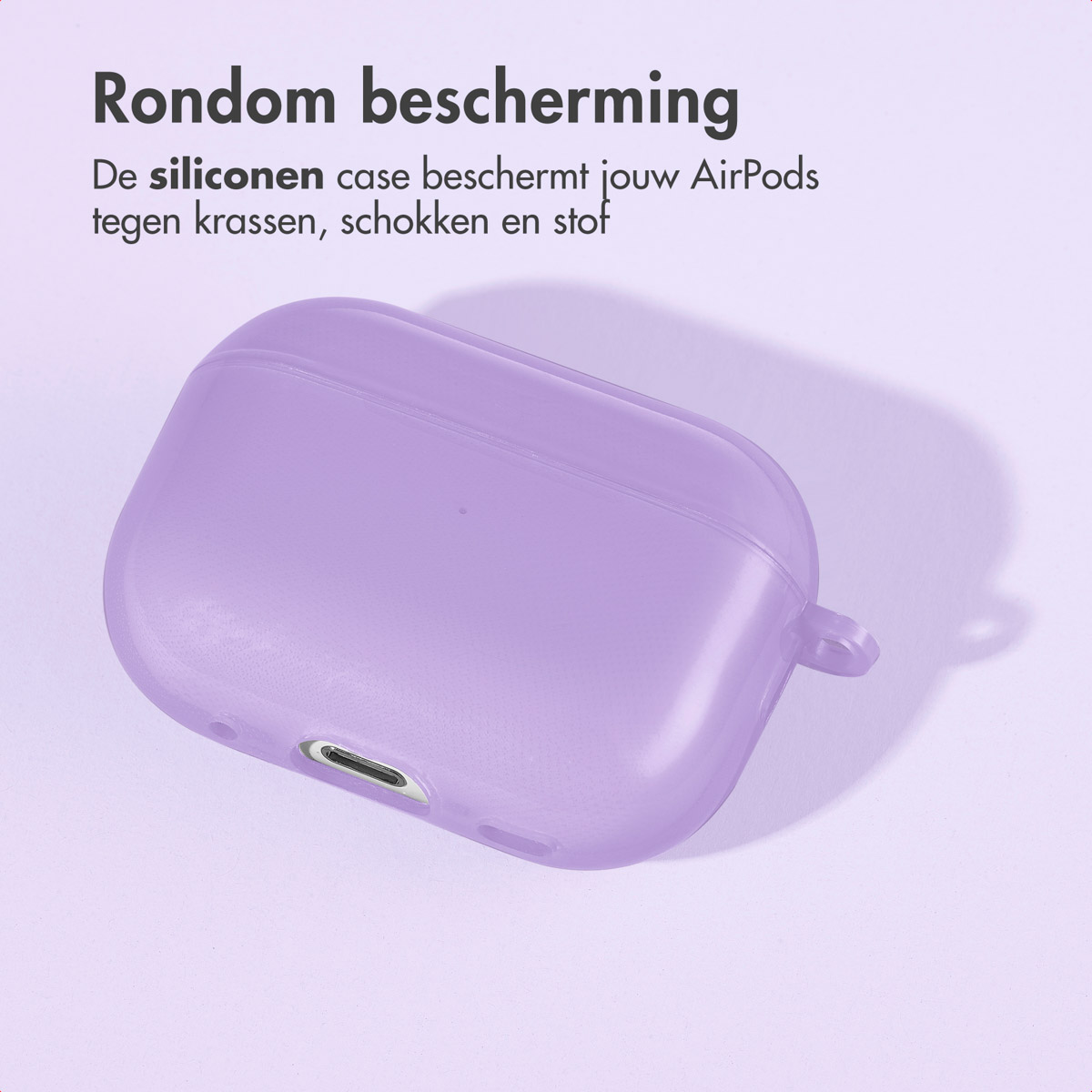 Purple AirPods case. Text: 'All-round protection' and the case protects from scratches, shocks, and dust.