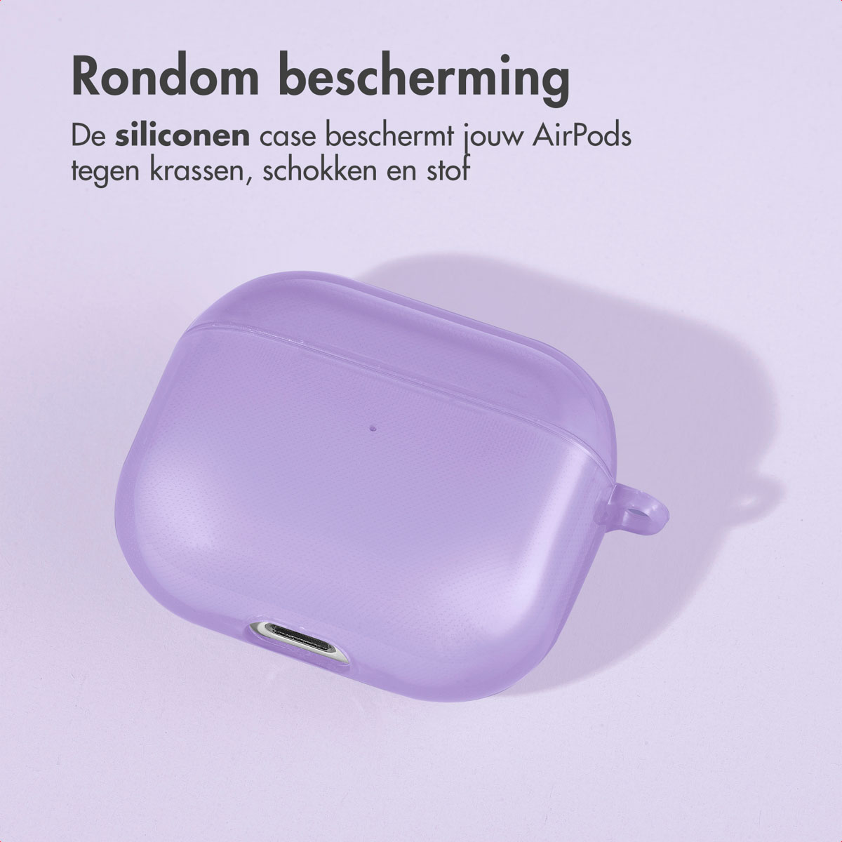 Purple AirPods case. Text: 'All-round protection' and the case protects from scratches, shocks, and dust.