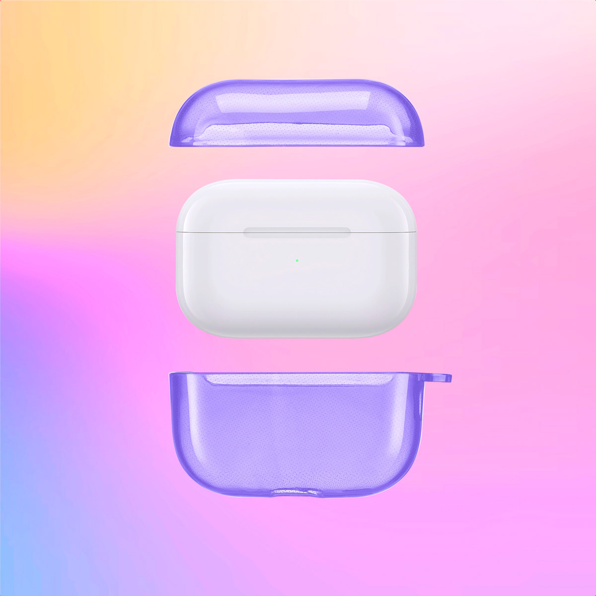 AirPods case, white AirPods inside, purple case parts on gradient background.