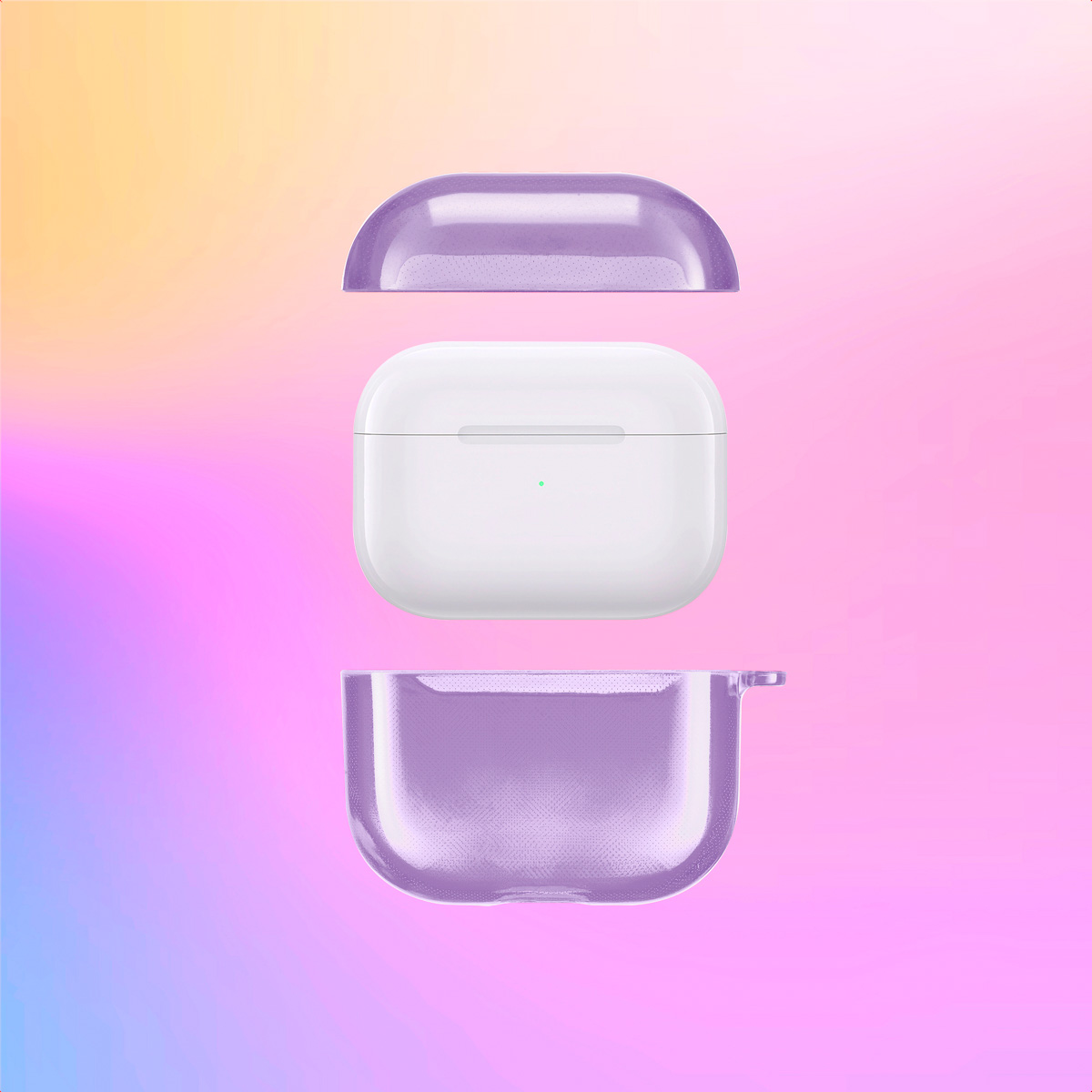 AirPods case, white AirPods inside, purple case parts on gradient background.