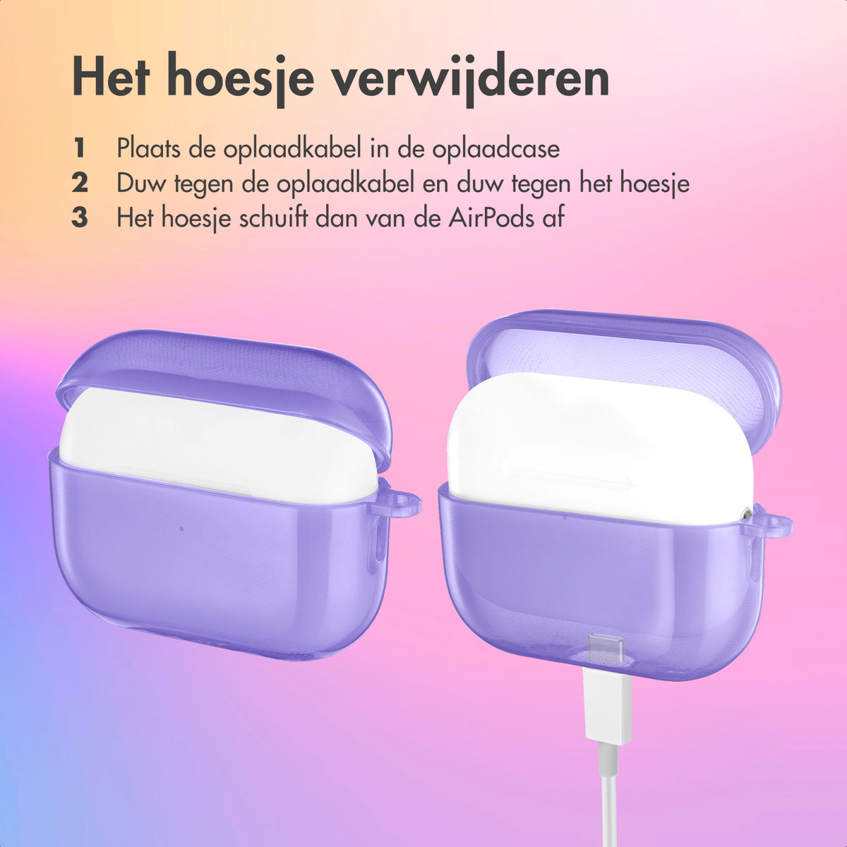 Two purple AirPods cases, one open with AirPods inside, white cable.