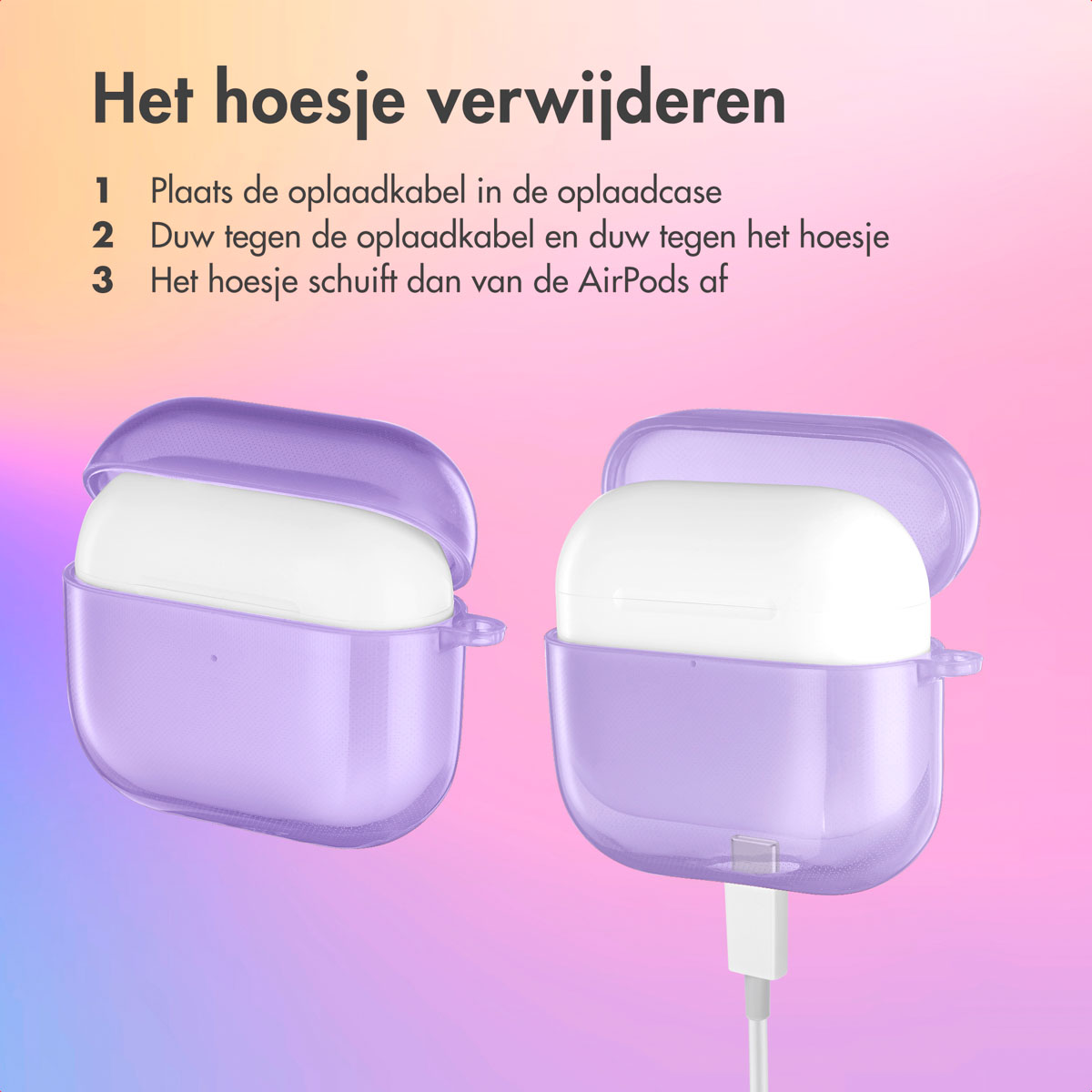 Two purple AirPods cases, one open with AirPods inside, white cable.