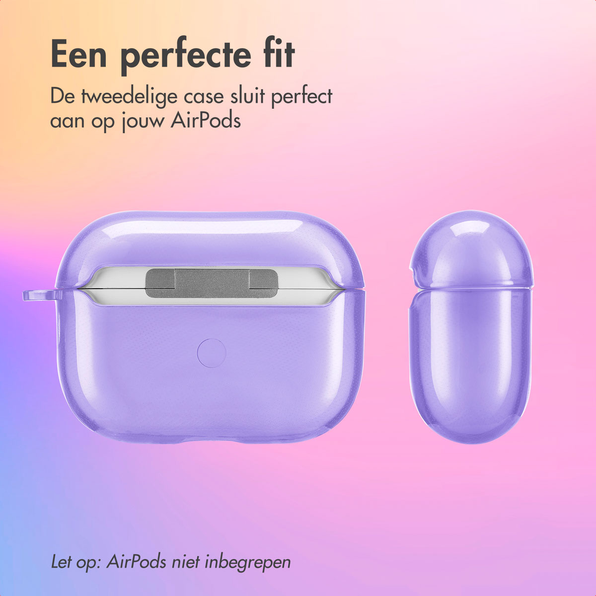 Purple AirPods case, two pieces, with a gradient background. Text at top: Perfect fit.