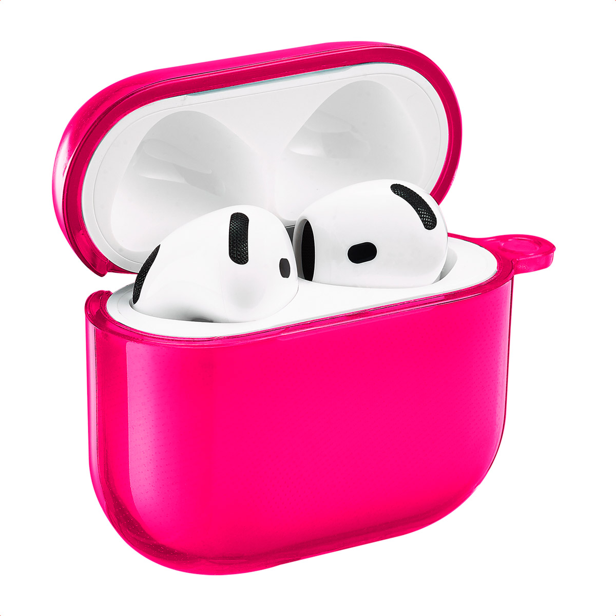 Open pink case with white AirPods inside. Background is white.
