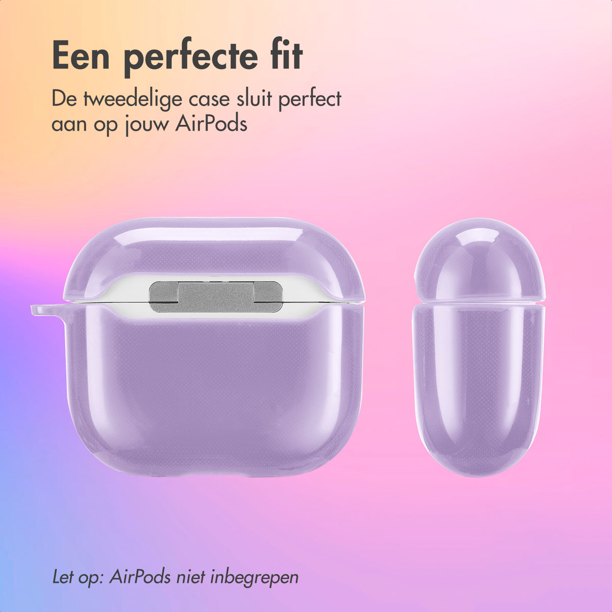 Purple AirPods case open and closed on a gradient background. The text says 'perfect fit'.